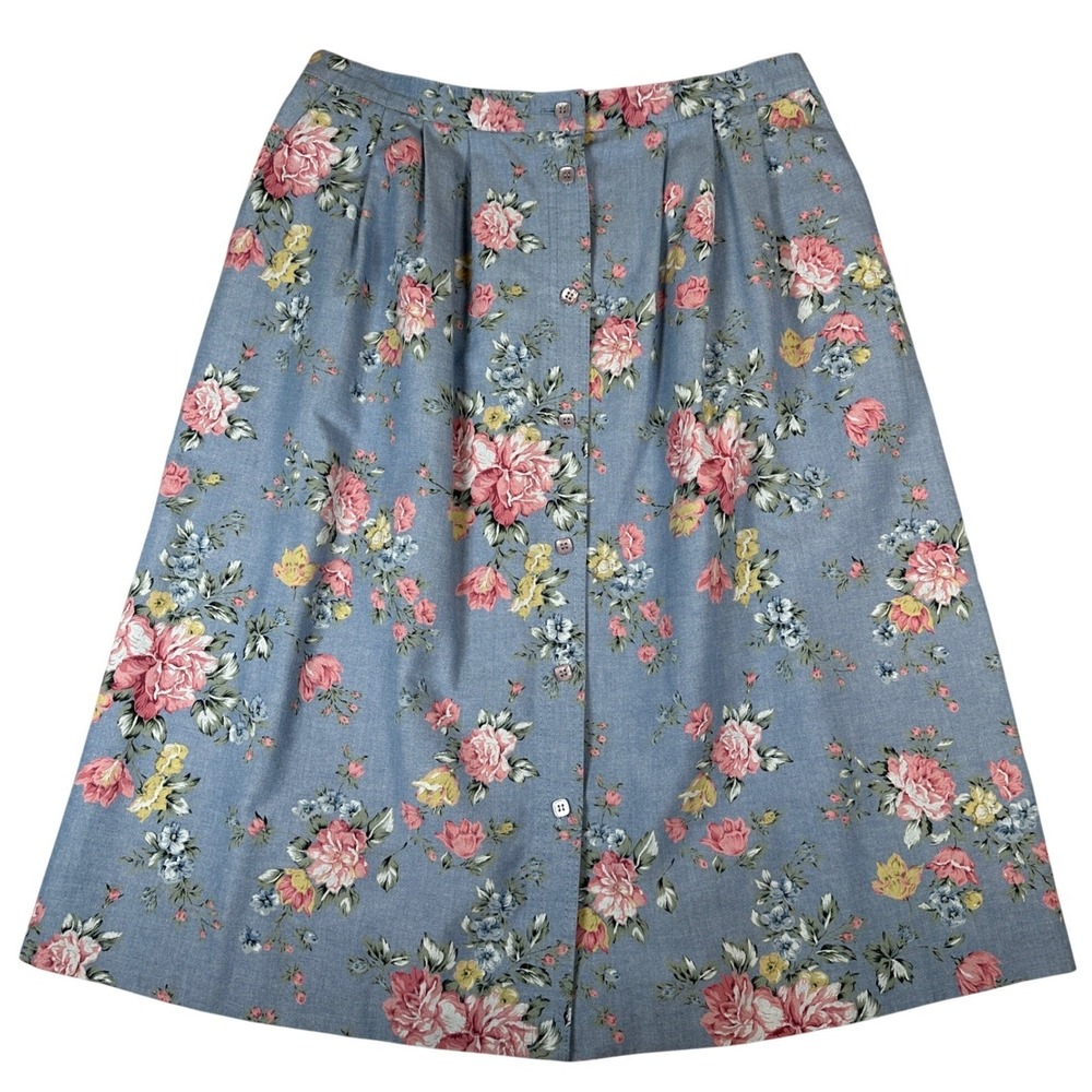 Vintage Floral Button Front Midi Skirt Blue Pink pastel spring grandma Cottage